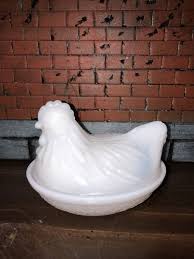 Vintage Small White Milk Glass Chicken Hen on a Nest Candy ...