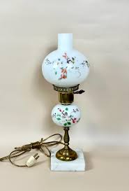 Mid-century Floral Painted Hurricane Lamp: Marble Base ...