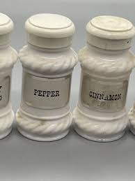 Set 7 Vintage Milk Glass Spice Jars Apocathary Rope Edge Lids With Paper Labels | eBay