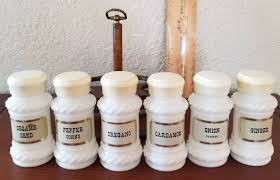Vintage Round Wood Spice Rack 6 Milk Glass Jars countertop kitchen decor MCM | eBay Australia
