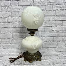 Vintage Hurricane Lamp White Milk Glass Embossed Floral 21 Tall 3 Way Lighting | eBay