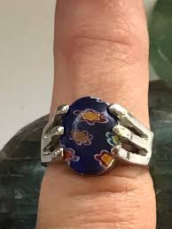 Vintage Blue Mille Fiore Glass Cabochon Ring Flower Floral ...