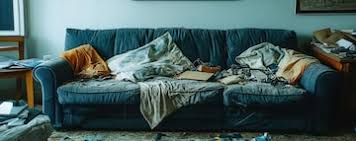 Dirty dusty blue sofa in messy living room showing concept ...