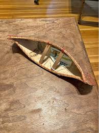 Vintage miniature birchbark canoe made in Curve Lake First Nation. Midcentury, Anishinaabe