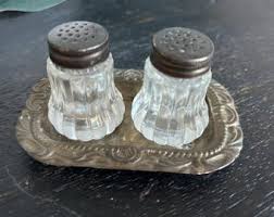 Vintage Mini Salt and Pepper Shakers on Small Silverplate ...