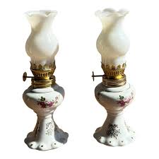 20th Century Victorian-Style Miniature Milk Glass Oil Lamps- A Pair | Chairish