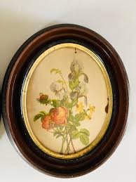 Antique Mahogany Oval Frame With Floral Prints S/2 | Chairish