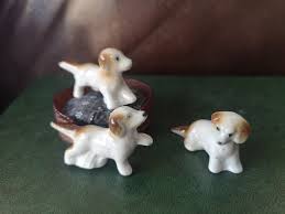 Miniature Porcelain Puppy Set With Dog Bed: Dollhouse Decor ...
