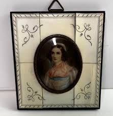 19th Century Hand Painted Portrait in Bone Frame | Chairish