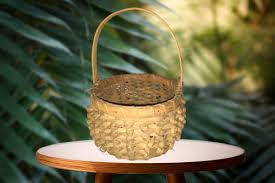 Basket Vintage Round Woven Basket With Bumps and Handle ...