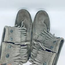 Minnetonka | Shoes | Minnetonka Double Fringe Zip Leather Boot Grey 7 | Poshmark