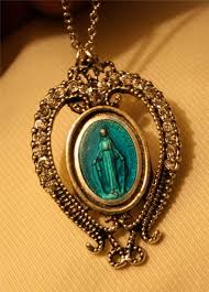 Gorgeous Silvertone Blue Epoxy Miraculous Immaculate Mary Rhinestone Necklace | eBay