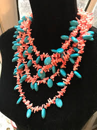 Turquoise & Coral Branch Statement Necklace, Tropical Bib ...