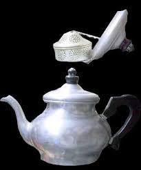 Mirro Aluminum Teapot with Black Wood Handle and Inset Tea Ball on Chain | Funk & Junk Collectibles