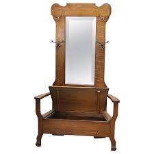 Antique Arts and Crafts Mission Oak Mirrored Lift Top Hall Seat, circa 1900 at 1stDibs | antique hall chair with mirror, antique hall seat with mirror