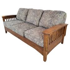 Vintage Mission Style Wood Paisley Upholstered Farmhouse Sofa at 1stDibs