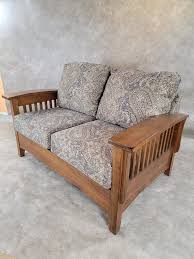 Vintage Mission Style Wood Paisley Upholstered Farmhouse Loveseat at 1stDibs