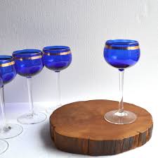 5 Vintage Cobalt Blue Glasses - Optic Bowl, Gold Trim, Clear ...