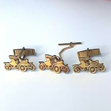 Vintage Classic Carriage Car Cufflinks & Tie Pin Set Gold ...