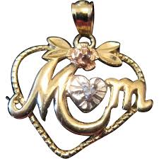 14K Yellow Gold "MOM" Pendant w/Diamond - 5/8" x 3/4". For ...
