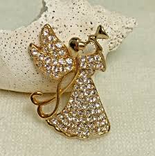 MONET Gold Tone CZ Encrusted Angel Brooch / Pin - Vintage ...