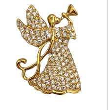 Monet Gold Tone Clear Rhinestone Angel Brooch Pin, Signed ...