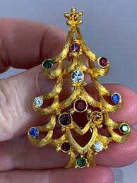 Christmas Tree Openwork Colored Rhinestones MONET Vintage ...