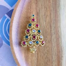 Vintage Christmas Tree Brooch Rhinestone and Gold-tone ...