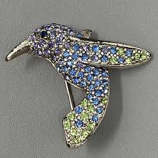 Rhinestone Brooch Pin Monet Hummingbird Pave Glass Blue ...