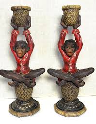 Monkey Candlestick Holders 9.5”, Wearing a Red Tail Coat ...