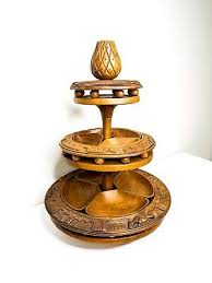 Vintage oriental wooden tiered serving tray Filipino carved ...
