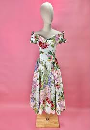 1980's Floral off Shoulder Polished Cotton Dress - Etsy