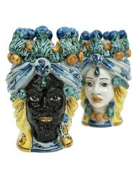 Pair Of Teste Di Moro H20 Cm In Caltagirone Ceramic Sicily Blue-Green | eBay