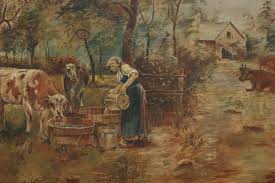 Farmyard Cows Antique Original Oil Painting, Korn 33.5"