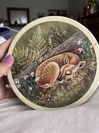 Round Tin Sleeping Fawn Deer in forest signed 10" multi ...