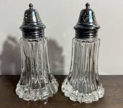 Vtg Ribbed Crystal Glass Salt N Pepper With Silver Plate ...