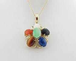 Multi Color Gemstones Solid 14k Yellow Gold Flower Pendant ...