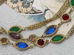 Vintage 1970s Multi Tone Glass Long Station Necklace - Gold Plated - Blue, Red, Green, and Purple - Etsy