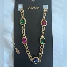 Aqua | Jewelry | Necklace Aqua Multicolored Gemstone And Gold Chain With Lobster Clasp | Poshmark