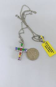 Simulated Multi Gems and Pink Sapphire Stainless Steel Cross ...