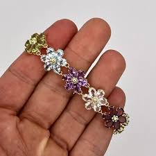 14k Solid Yellow Gold Multi Gemstone Flower Design Link ...