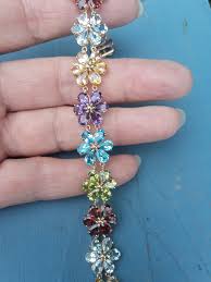 10k Gold Multi Gemstones Flower Design Link Tennis Bracelet ...