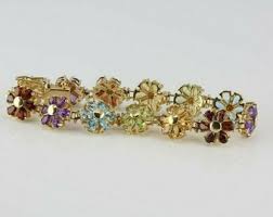 14K Yellow Gold Multicolor Stone Floral Bracelet 7.25 Inches ...