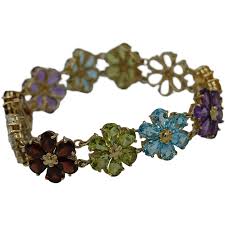 10K Multi Gemstone Flower Bracelet. For Sale at Ruby Lane
