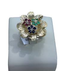 Vintage 14K gold flower ring with sapphire, emerald, and ...