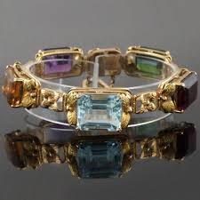 Large Solid 14K Gold Multi Precious Gemstone Link Floral ...