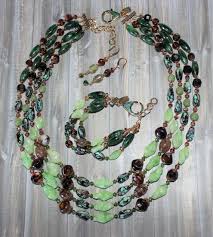 Four Strand Vintage Art Glass Necklace and Earrings, Green ...
