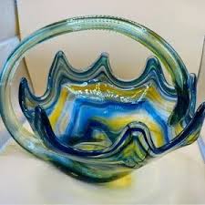Murano | Accents | Stunning Vintage Heavy Murano Hand Blown Blue Green Swirl Glass Basket | Poshmark