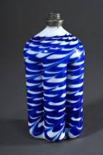 At Auction: Alpine milk glass eau-de-vie bottle with a tear-off and spirally fused, combed cobalt blue thread in 6-pass cross-section, rounded shoulder and short neck tube, tear-off scar on the base and