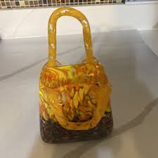 Vintage Hand Blown Yellow Multi Color Art Glass Purse Vase Handbag | eBay